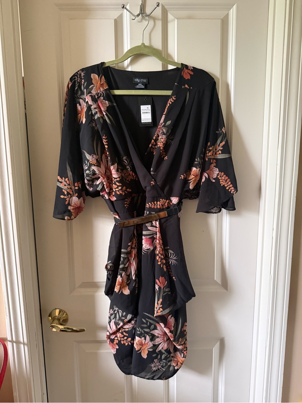 City Chic Black Floral Wrap Dress with Pink and Peach Blooms